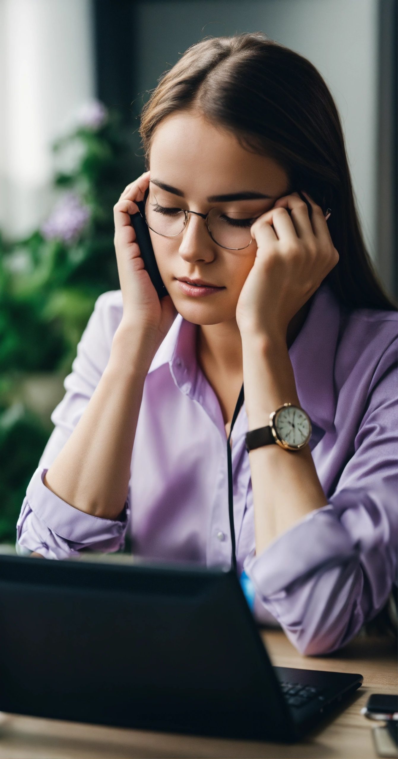 a marketing girl in a lilac shirt holds her head w